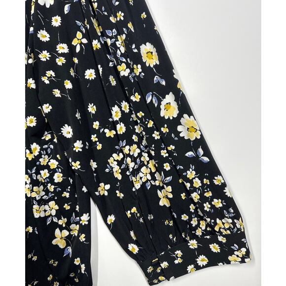 Karl Lagerfeld Paris Floral 3/4 Sleeve Blouse Cut Out Tie Neck Black Yellow 2X - Picture 10 of 10